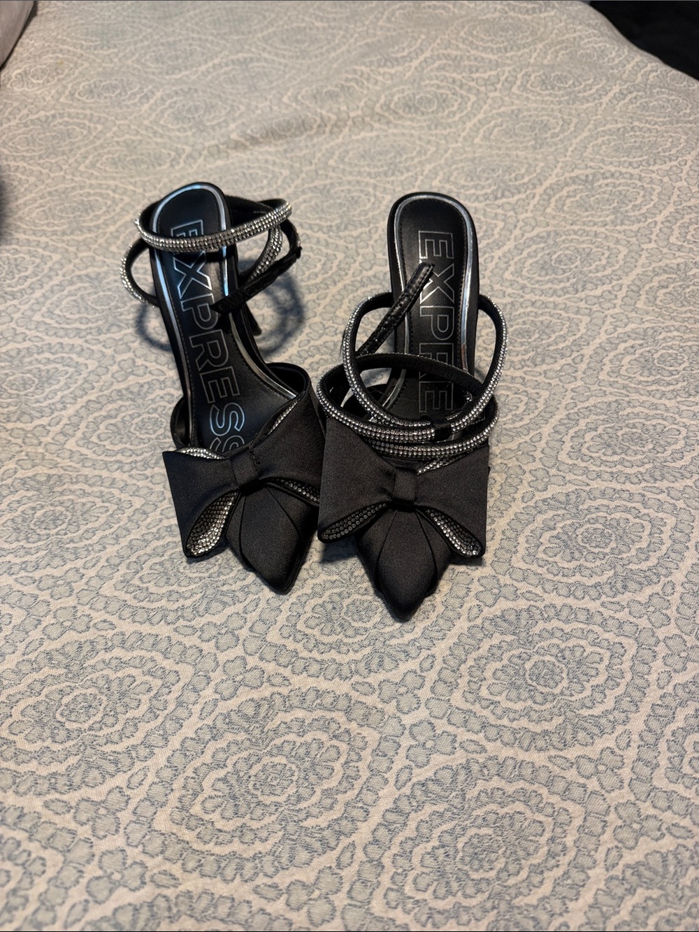 Express Black Pointed Toe Bow Heeled Sandals with Rhinestone Straps